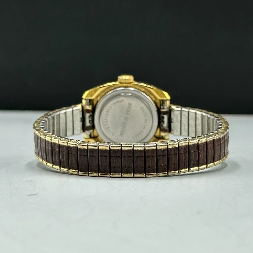 Vintage Timex Watch Women Gold Tone Manual Wind Brown Stretch Band 6.25 Inch